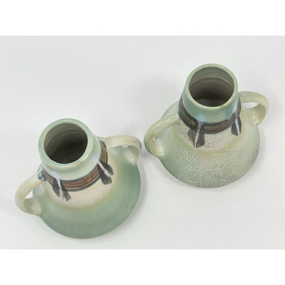 Vintage Made In Japan Double Handled Ceramic Vases Montacello 5” Green Set Of 2 - Picture 7 of 10